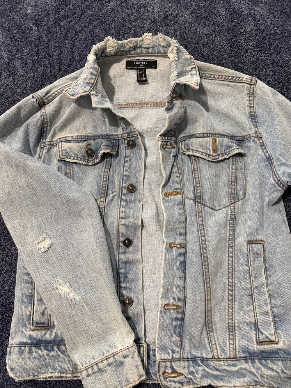 Forever 21 Washed Light Blue Distressed Denim Jacket - Women
